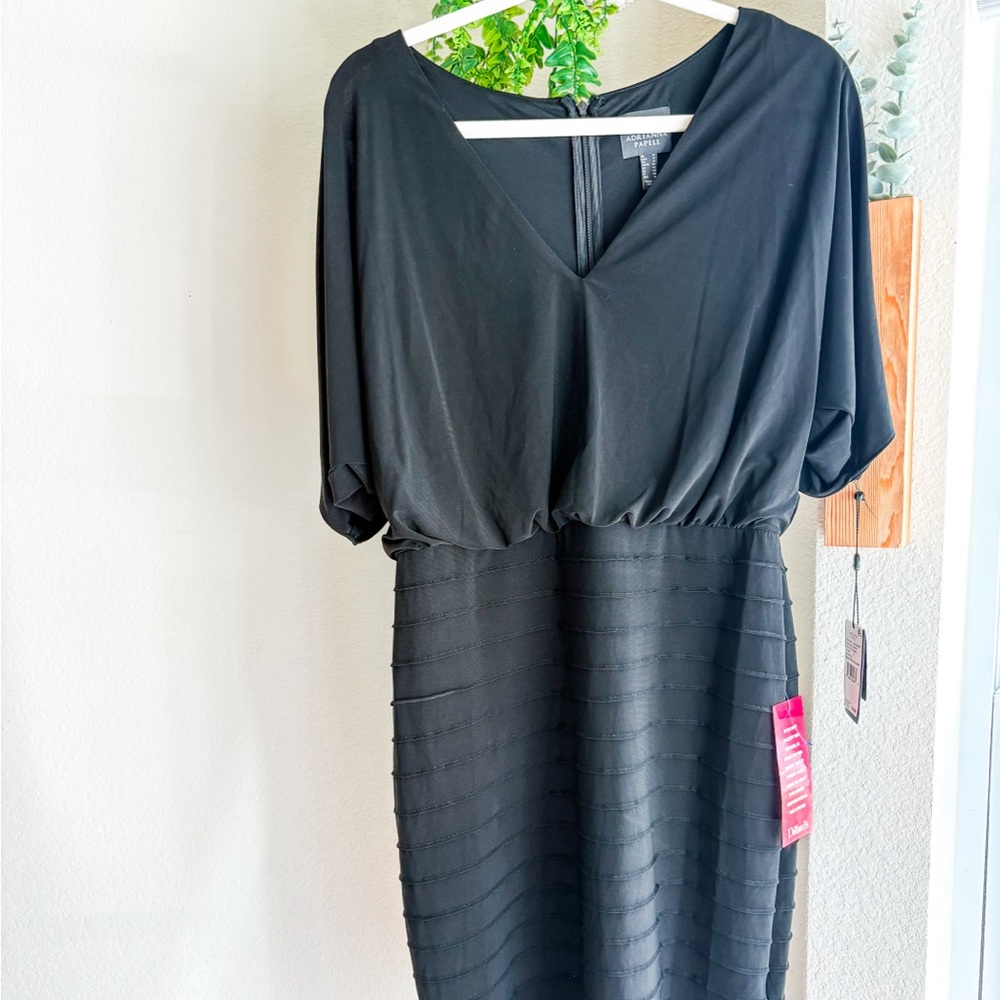 Adrianna Papell Black Sheath Dress with V-Neck and Dolman Sleeves